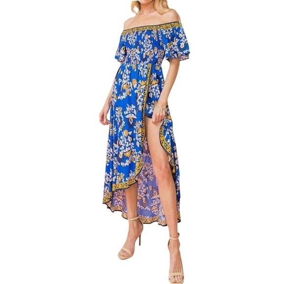 Flying Tomato Bohemian Dress Off or On Shoulder Fluttery Rayon Floral Tiki NOWT - Picture 3 of 16